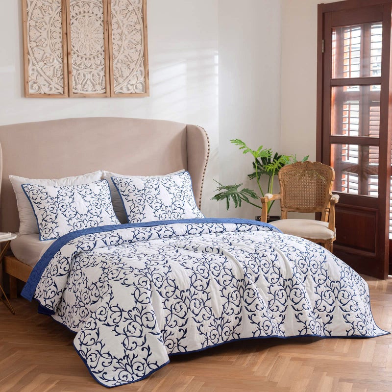 Mixinni Reversible Quilt 3-Piece Blue Embroidery Pattern Elegant Quilt Set with Embroidered Decorative Shams Soft Bedspreads & Coverlet Set - Full/Queen - Image 4
